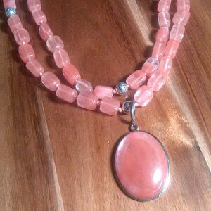 Cherry Quartz Two Row Beaded Silvertone Pendant Necklace